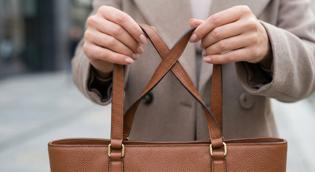 Крупный план женских рук в сером пальто, перекручивающих две коричневые кожаные ручки сумки в центре, чтобы создать X-образную форму для предотвращения соскальзывания с плеча Крупный план женских рук в сером пальто, перекручивающих две коричневые кожаные ручки сумки в центре, чтобы создать X-образную форму для предотвращения соскальзывания с плеча