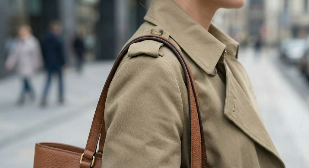 Крупный план женского плеча в структурированном тренче цвета хаки с четкими погонами, удерживающего коричневый кожаный ремешок сумки. Погон служит ограничителем, предотвращая соскальзывание ремешка Крупный план женского плеча в структурированном тренче цвета хаки с четкими погонами, удерживающего коричневый кожаный ремешок сумки. Погон служит ограничителем, предотвращая соскальзывание ремешка